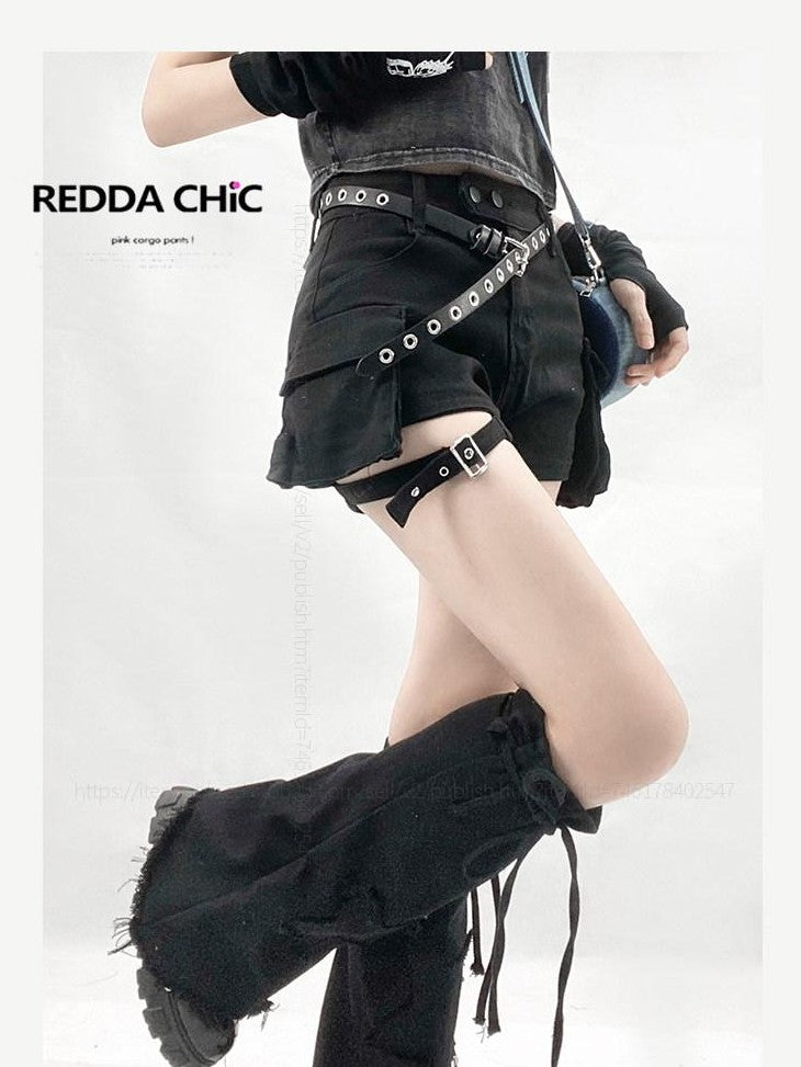 REDDACHIC Black American Workwear High Waist Leg Strap Set Vintage Women'S Denim Shorts