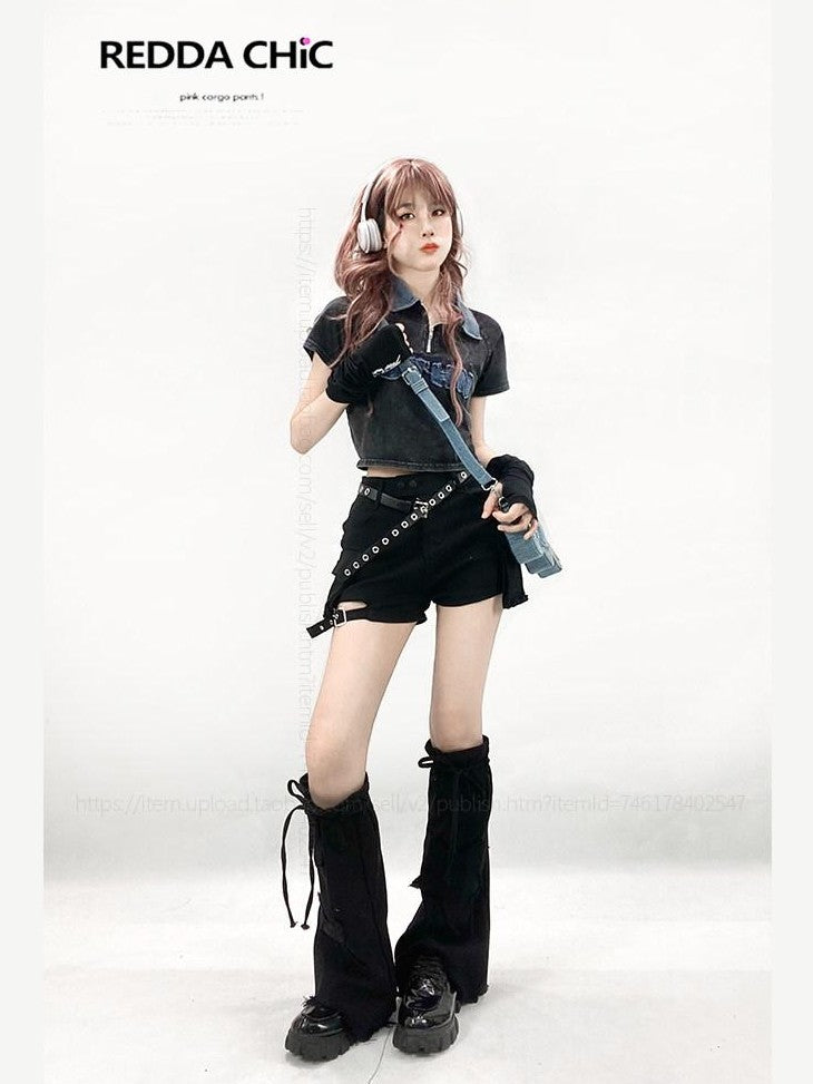 REDDACHIC Black American Workwear High Waist Leg Strap Set Vintage Women'S Denim Shorts