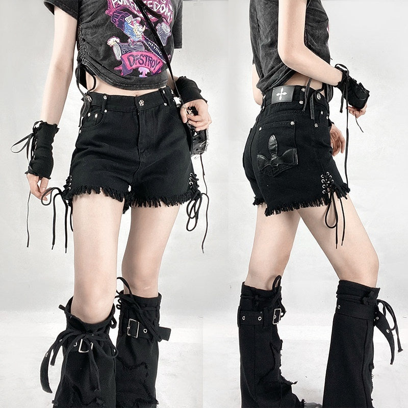 REDDACHIC_Black_Cross_Lace_Up_High_Waist_Wide_Leg_Frayed_Women'S_Denim_Shorts_MISSTT