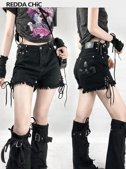 REDDACHIC Black Cross Lace Up High Waist Wide Leg Frayed Women'S Denim Shorts