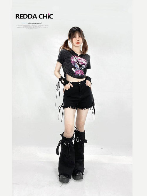REDDACHIC Black Cross Lace Up High Waist Wide Leg Frayed Women'S Denim Shorts