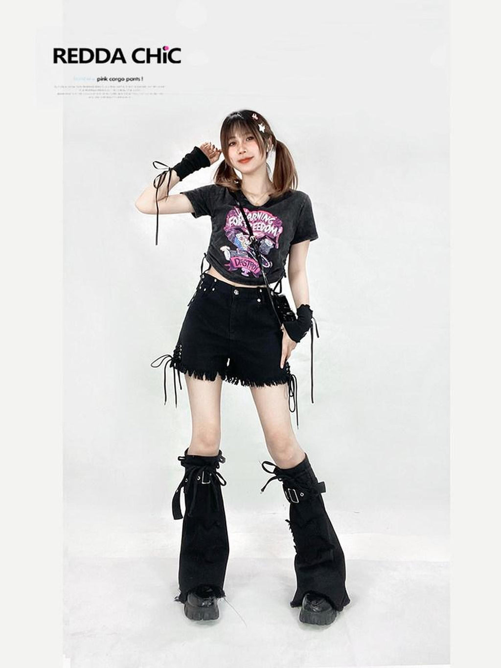 REDDACHIC Black Cross Lace Up High Waist Wide Leg Frayed Women'S Denim Shorts
