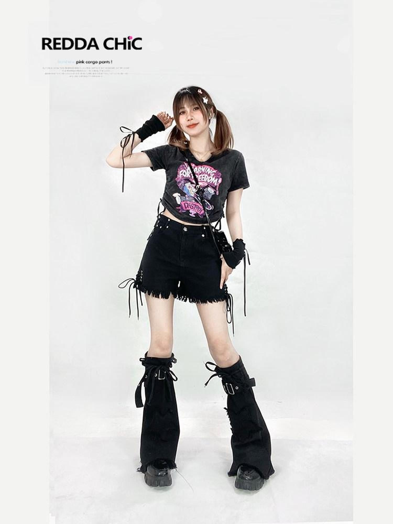 REDDACHIC Black Cross Lace Up High Waist Wide Leg Frayed Women'S Denim Shorts