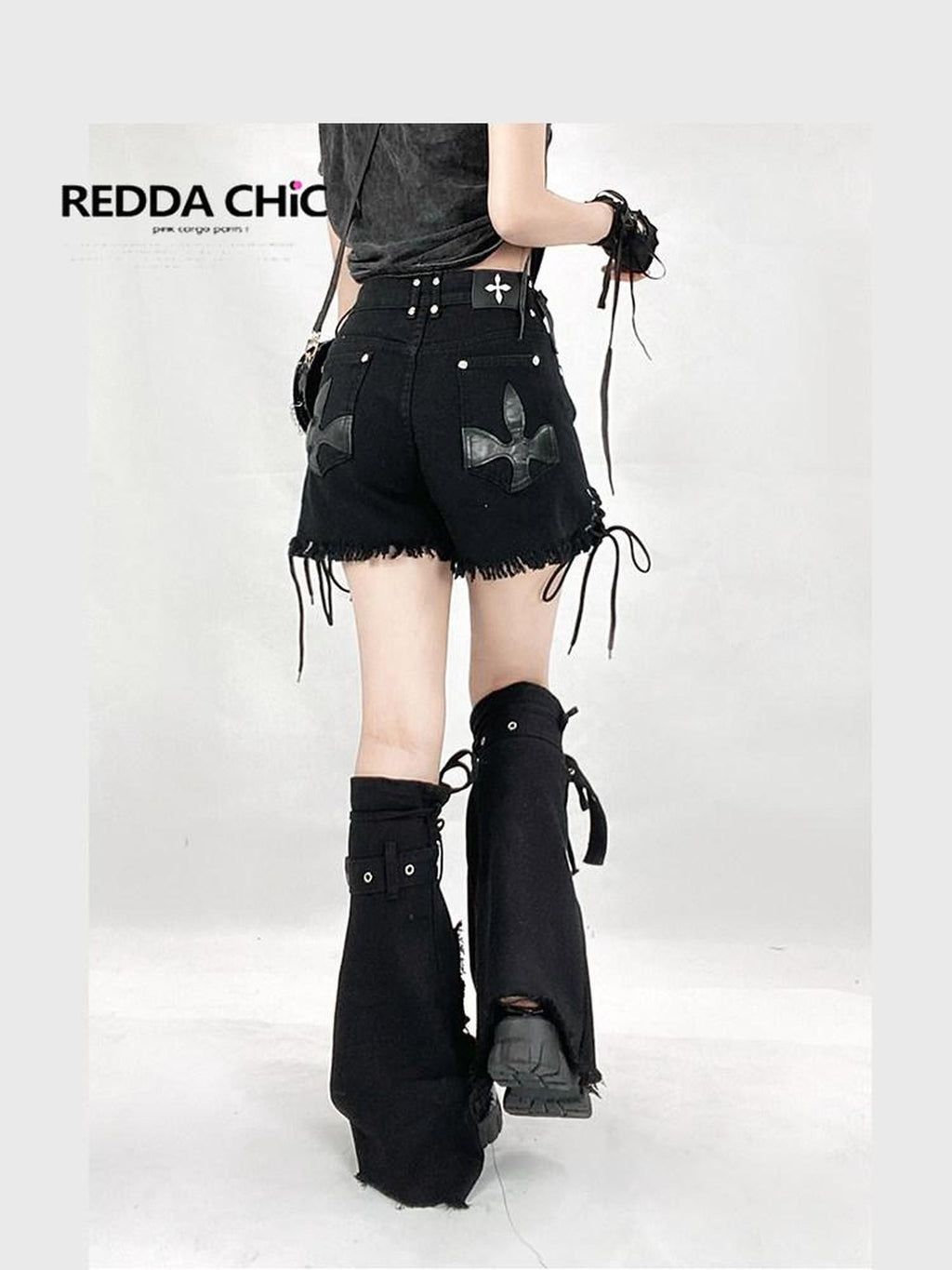 REDDACHIC Black Cross Lace Up High Waist Wide Leg Frayed Women'S Denim Shorts