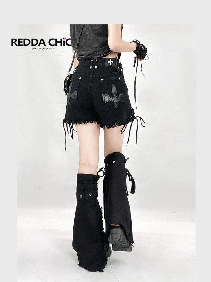 REDDACHIC Black Cross Lace Up High Waist Wide Leg Frayed Women'S Denim Shorts