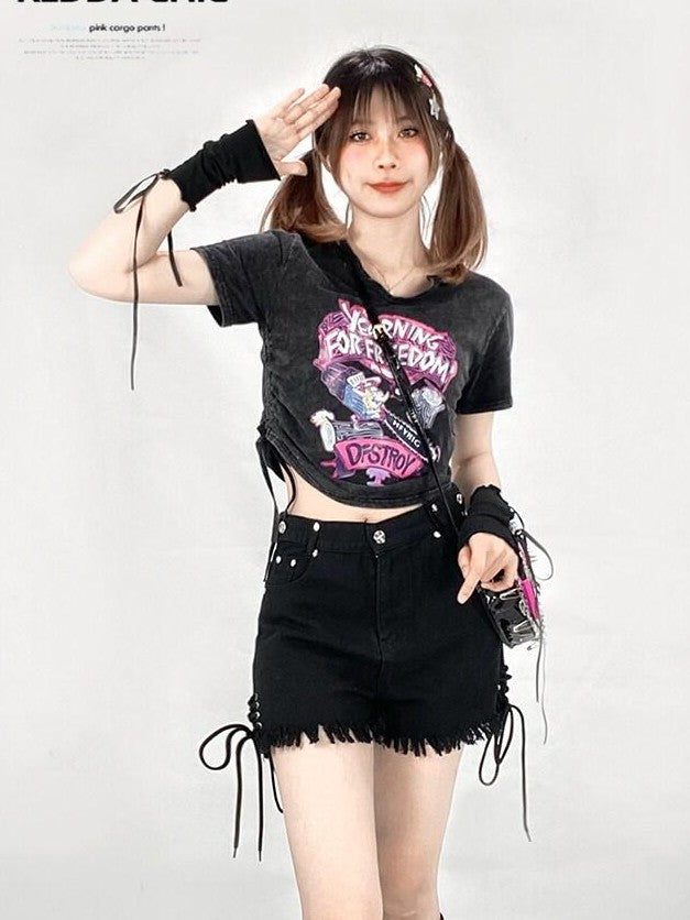 REDDACHIC Black Cross Lace Up High Waist Wide Leg Frayed Women'S Denim Shorts