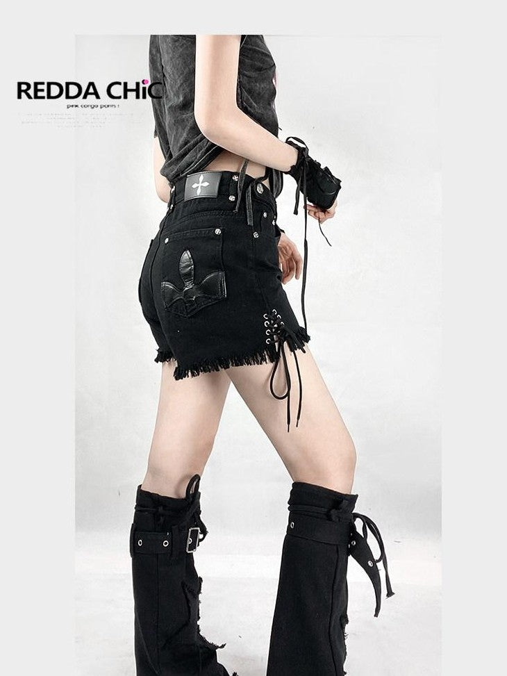 REDDACHIC Black Cross Lace Up High Waist Wide Leg Frayed Women'S Denim Shorts