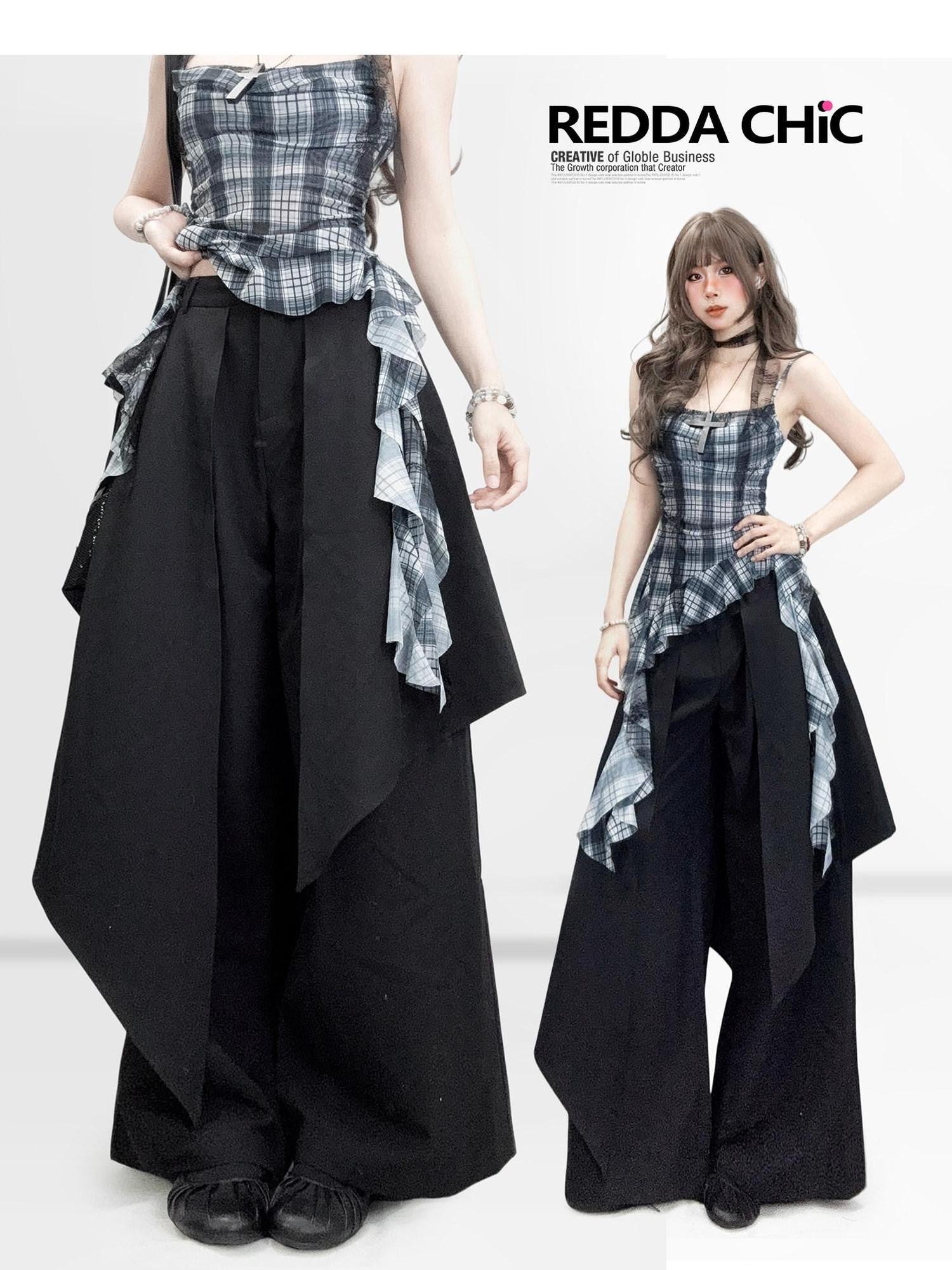 REDDACHIC Black Faux Layered Tailored Asymmetric High Waist Women'S Wide-Leg Pants
