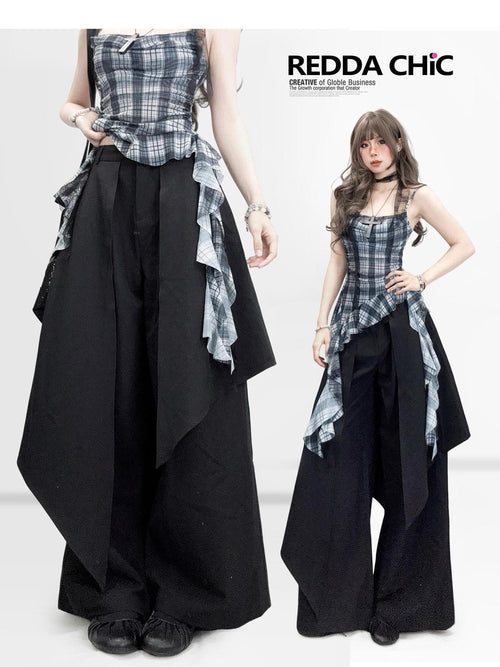 REDDACHIC Black Faux Layered Tailored Asymmetric High Waist Women'S Wide-Leg Pants