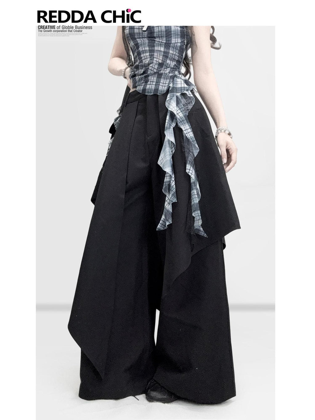 REDDACHIC Black Faux Layered Tailored Asymmetric High Waist Women'S Wide-Leg Pants
