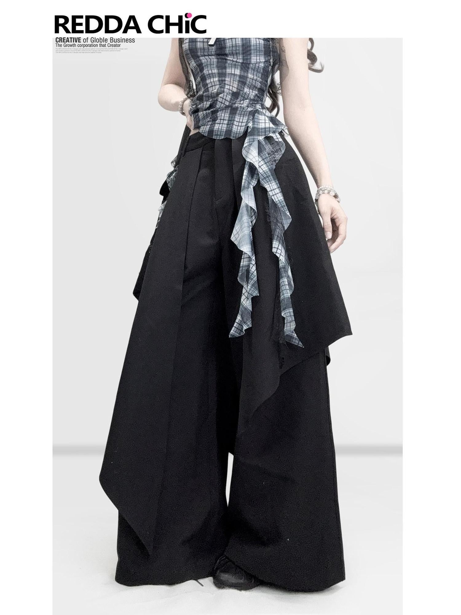 REDDACHIC Black Faux Layered Tailored Asymmetric High Waist Women'S Wide-Leg Pants