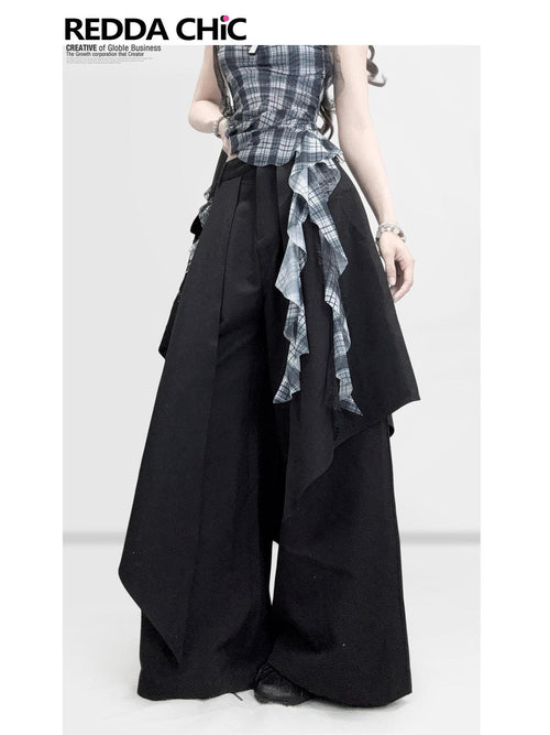 REDDACHIC Black Faux Layered Tailored Asymmetric High Waist Women'S Wide-Leg Pants