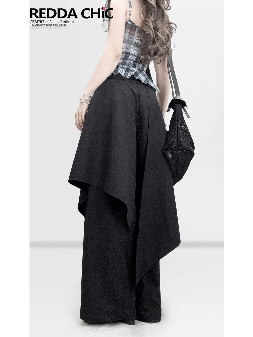 REDDACHIC Black Faux Layered Tailored Asymmetric High Waist Women'S Wide-Leg Pants