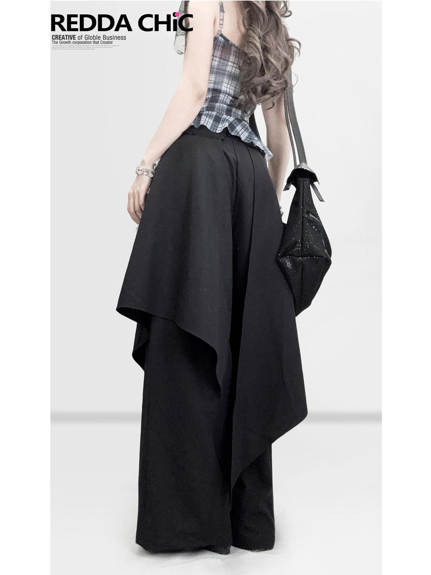 REDDACHIC Black Faux Layered Tailored Asymmetric High Waist Women'S Wide-Leg Pants