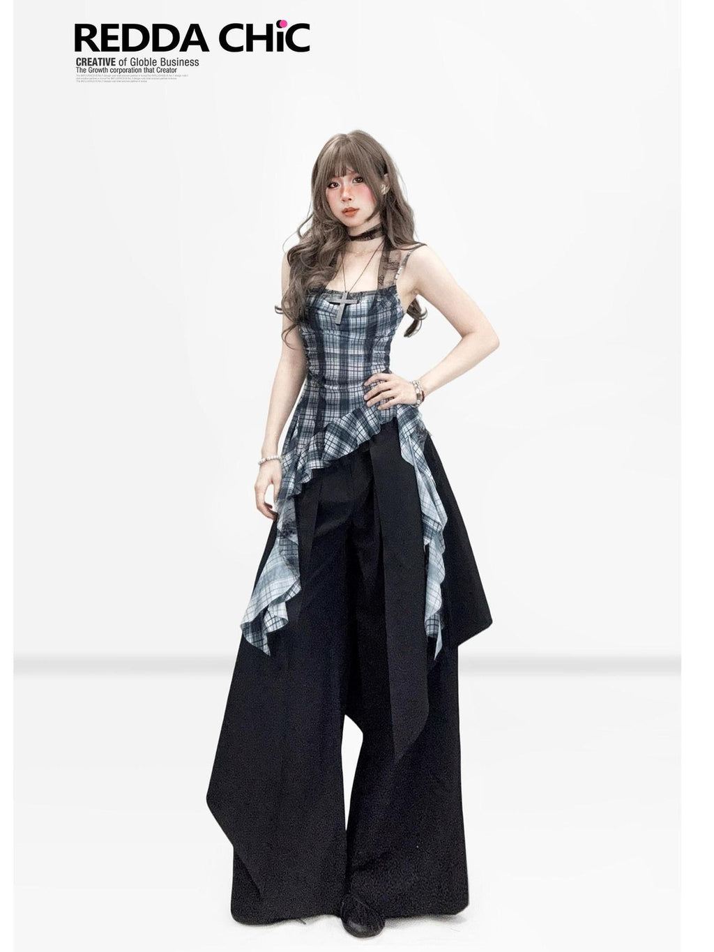 REDDACHIC Black Faux Layered Tailored Asymmetric High Waist Women'S Wide-Leg Pants