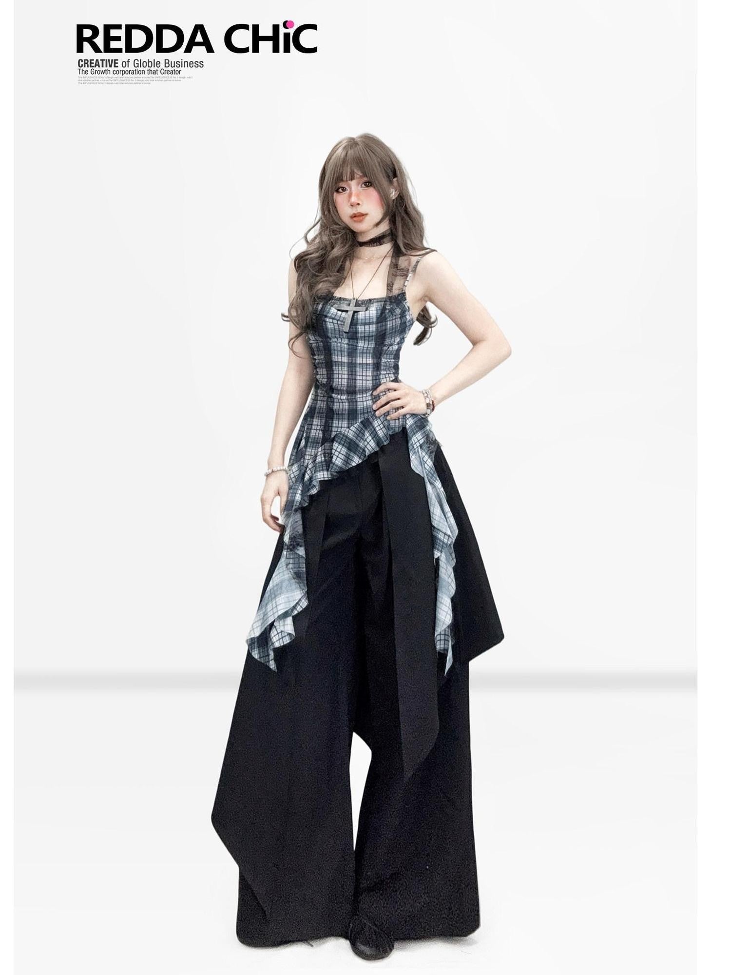 REDDACHIC Black Faux Layered Tailored Asymmetric High Waist Women'S Wide-Leg Pants
