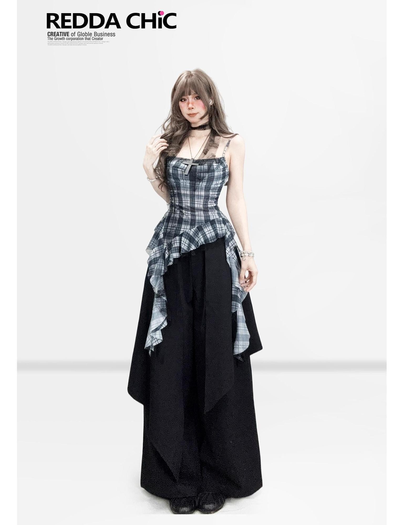 REDDACHIC Black Faux Layered Tailored Asymmetric High Waist Women'S Wide-Leg Pants