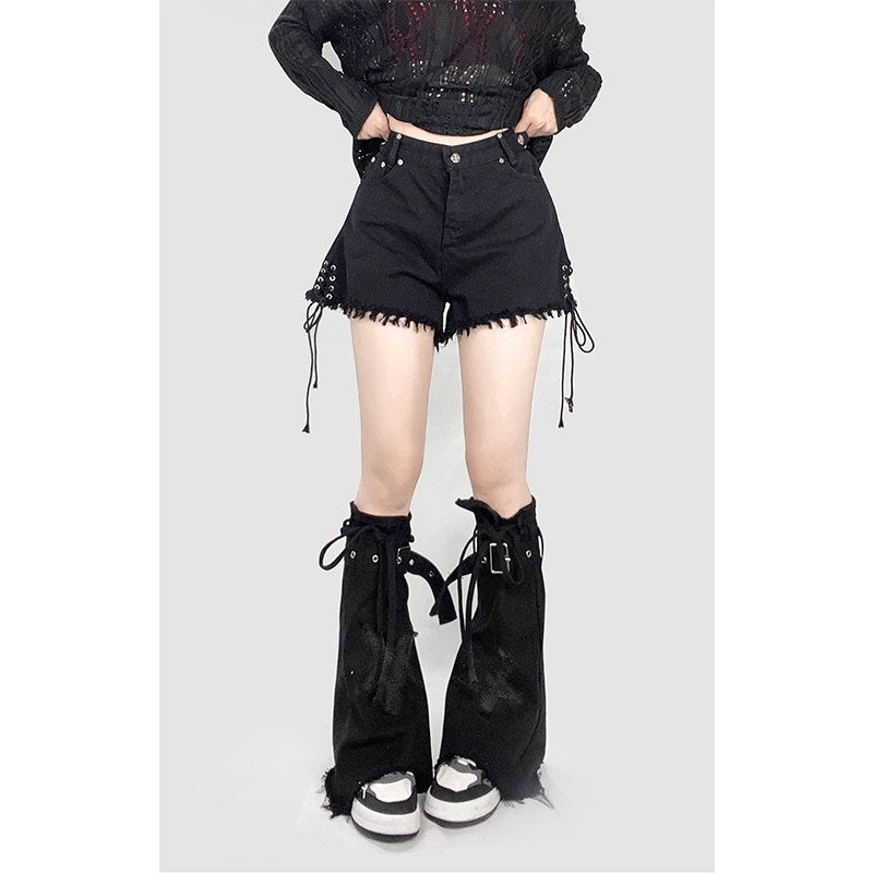 REDDACHIC_Black_Frayed_Hem_Cross_Lace_Leg_Ties_Women'S_Washed_Denim_Shorts_MISSTT