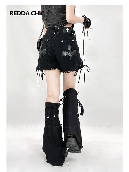 REDDACHIC Black Frayed Hem Cross Lace Leg Ties Women'S Washed Denim Shorts