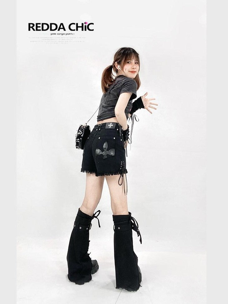 REDDACHIC Black Frayed Hem Cross Lace Leg Ties Women'S Washed Denim Shorts