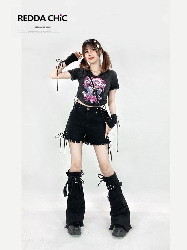 REDDACHIC Black Frayed Hem Cross Lace Leg Ties Women'S Washed Denim Shorts