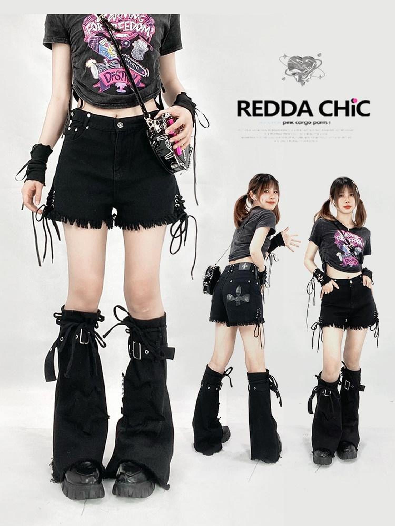 REDDACHIC Black Frayed Hem Cross Lace Leg Ties Women'S Washed Denim Shorts
