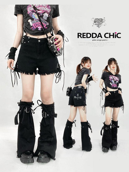 REDDACHIC Black Frayed Hem Cross Lace Leg Ties Women'S Washed Denim Shorts