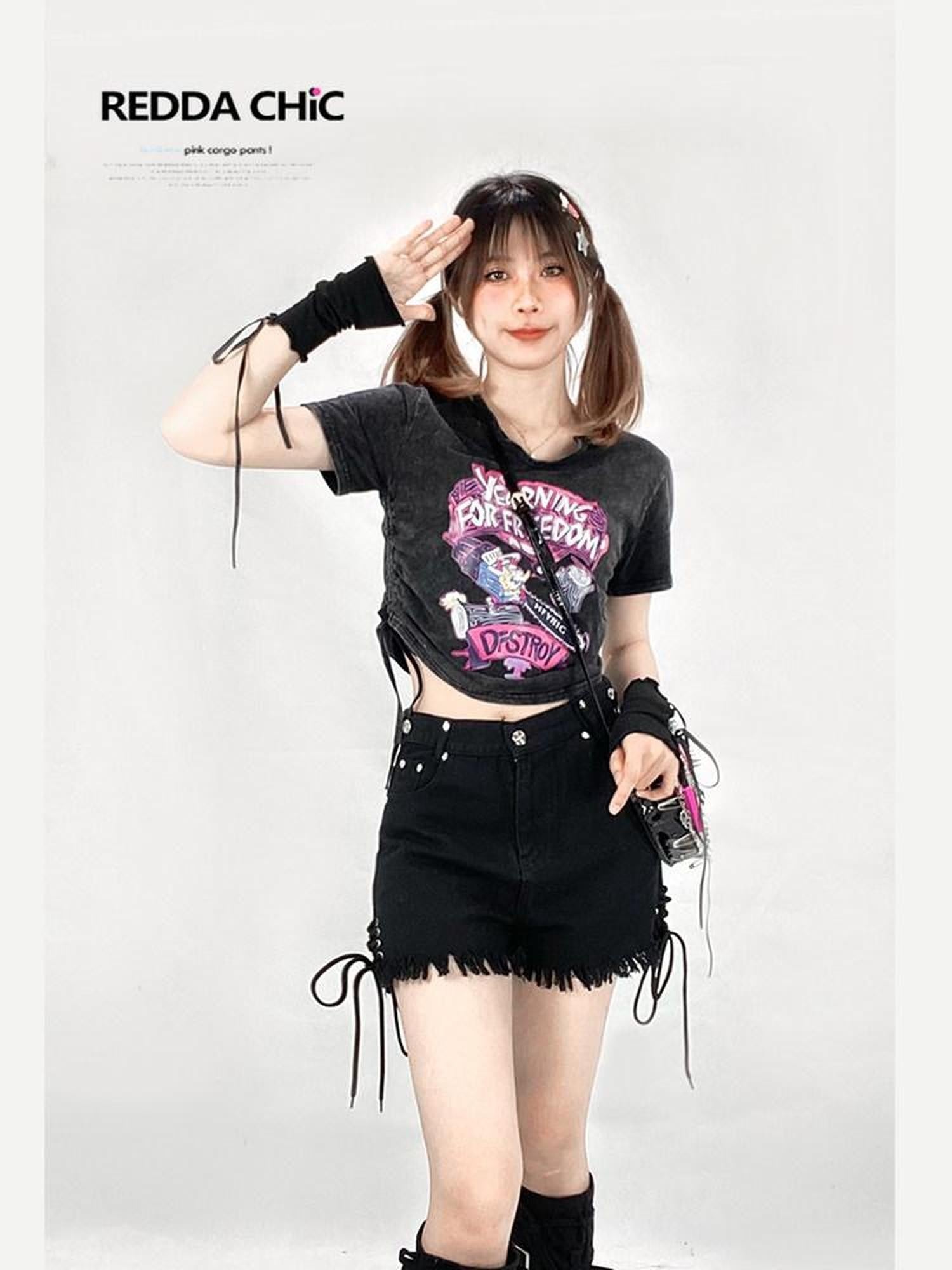 REDDACHIC Black Frayed Hem Cross Lace Leg Ties Women'S Washed Denim Shorts