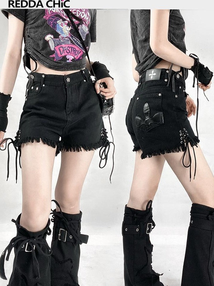 REDDACHIC Black Frayed Hem Cross Lace Leg Ties Women'S Washed Denim Shorts