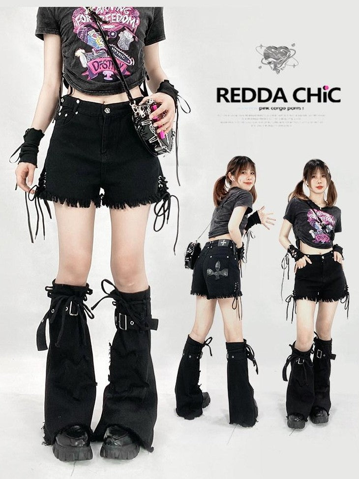 REDDACHIC Black Frayed Hem Cross Lace Leg Ties Women'S Washed Denim Shorts