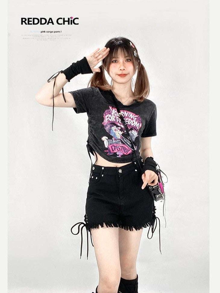REDDACHIC Black Frayed Hem Cross Lace Leg Ties Women'S Washed Denim Shorts