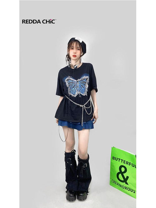 REDDACHIC Black Fringe Butterfly Oversized Round Neck Women'S Short Sleeve T-Shirts