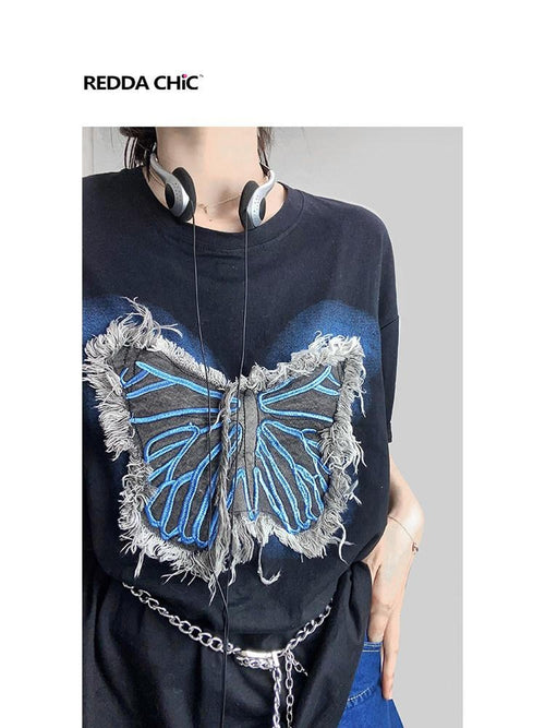 REDDACHIC Black Fringe Butterfly Oversized Round Neck Women'S Short Sleeve T-Shirts
