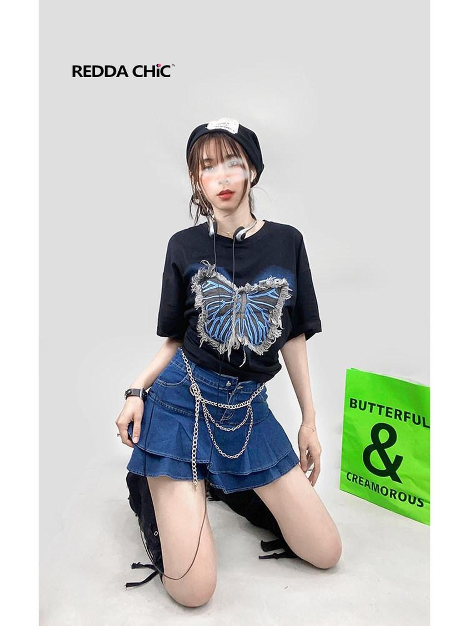 REDDACHIC Black Fringe Butterfly Oversized Round Neck Women'S Short Sleeve T-Shirts