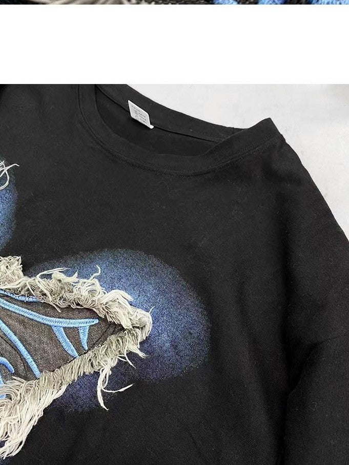 REDDACHIC Black Fringe Butterfly Oversized Round Neck Women'S Short Sleeve T-Shirts