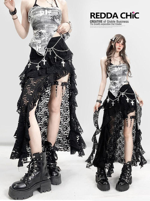REDDACHIC Black Gothic Asymmetric High Waist Spliced Ruffle Slit Women'S Lace Maxi Skirts