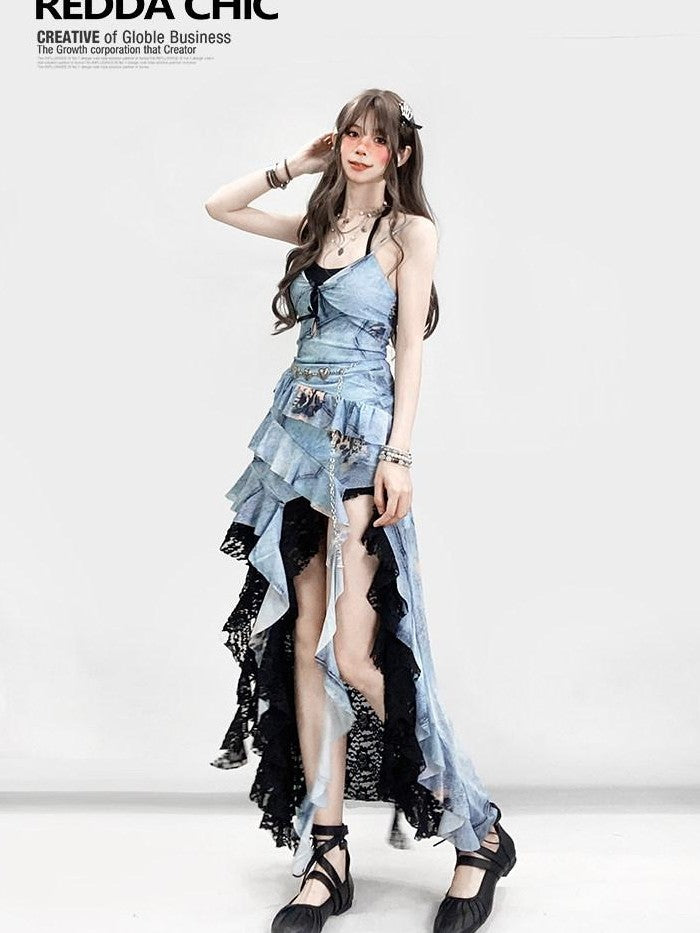 REDDACHIC Black Gothic Asymmetric High Waist Spliced Ruffle Slit Women'S Lace Maxi Skirts