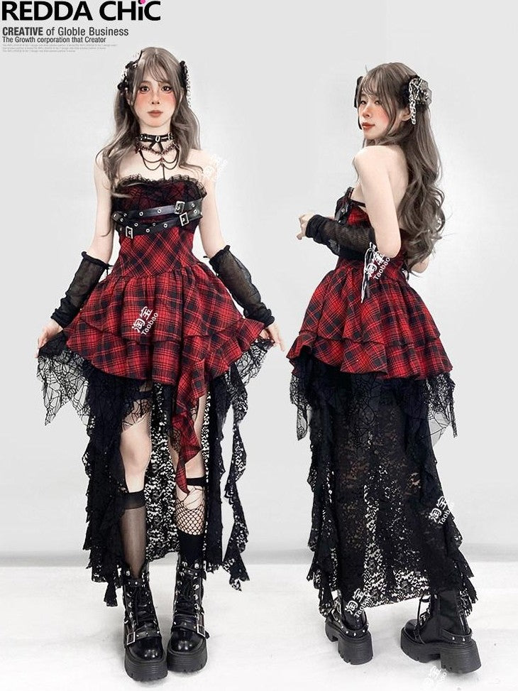 REDDACHIC Black Gothic Asymmetric High Waist Spliced Ruffle Slit Women'S Lace Maxi Skirts
