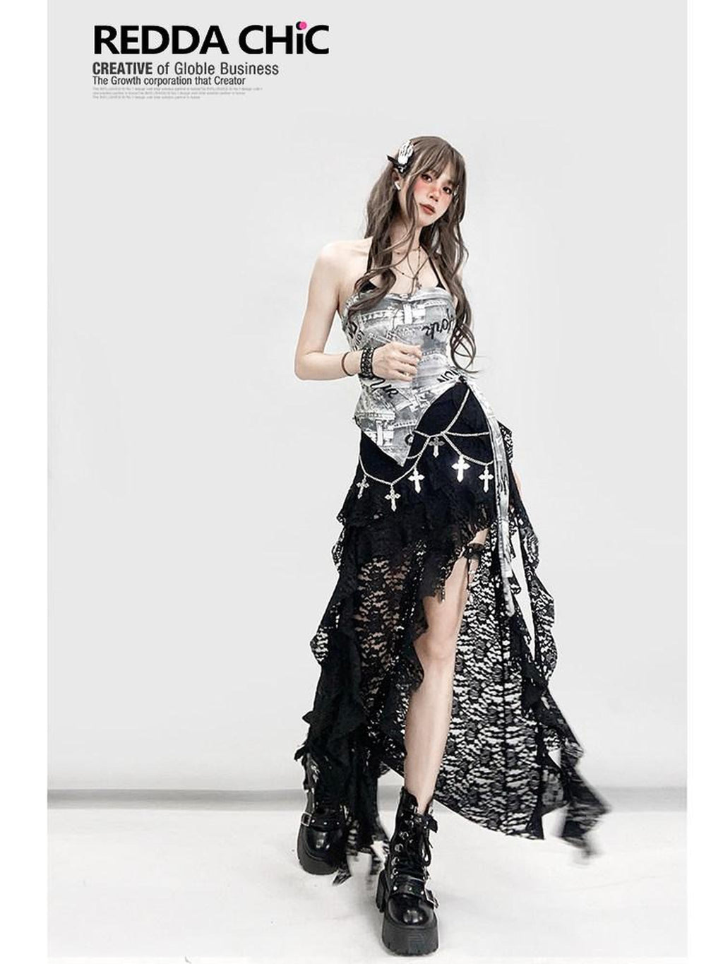 REDDACHIC Black Gothic Asymmetric High Waist Spliced Ruffle Slit Women'S Lace Maxi Skirts