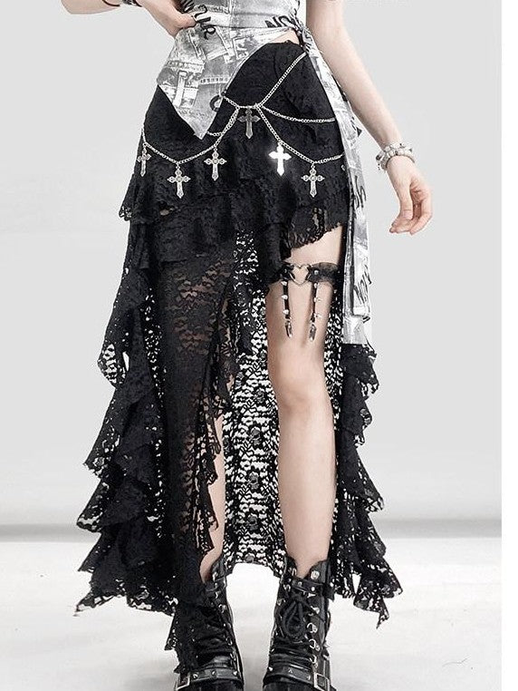 REDDACHIC Black Gothic Asymmetric High Waist Spliced Ruffle Slit Women'S Lace Maxi Skirts