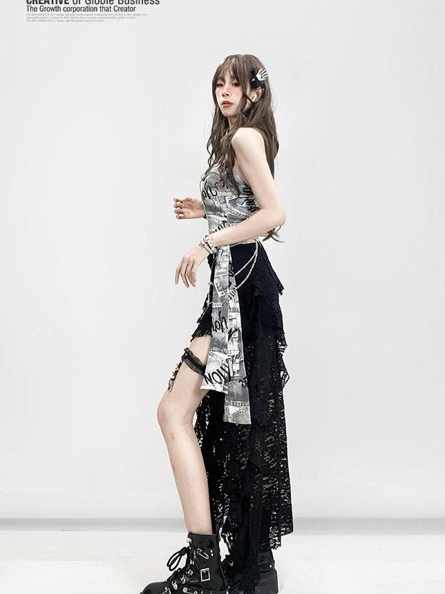 REDDACHIC Black Gothic Asymmetric High Waist Spliced Ruffle Slit Women'S Lace Maxi Skirts