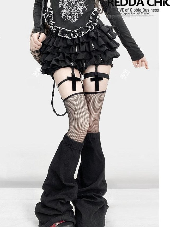 REDDACHIC Black Gothic Cross Pleated Cake Puff Women'S Other Material Short Trousers