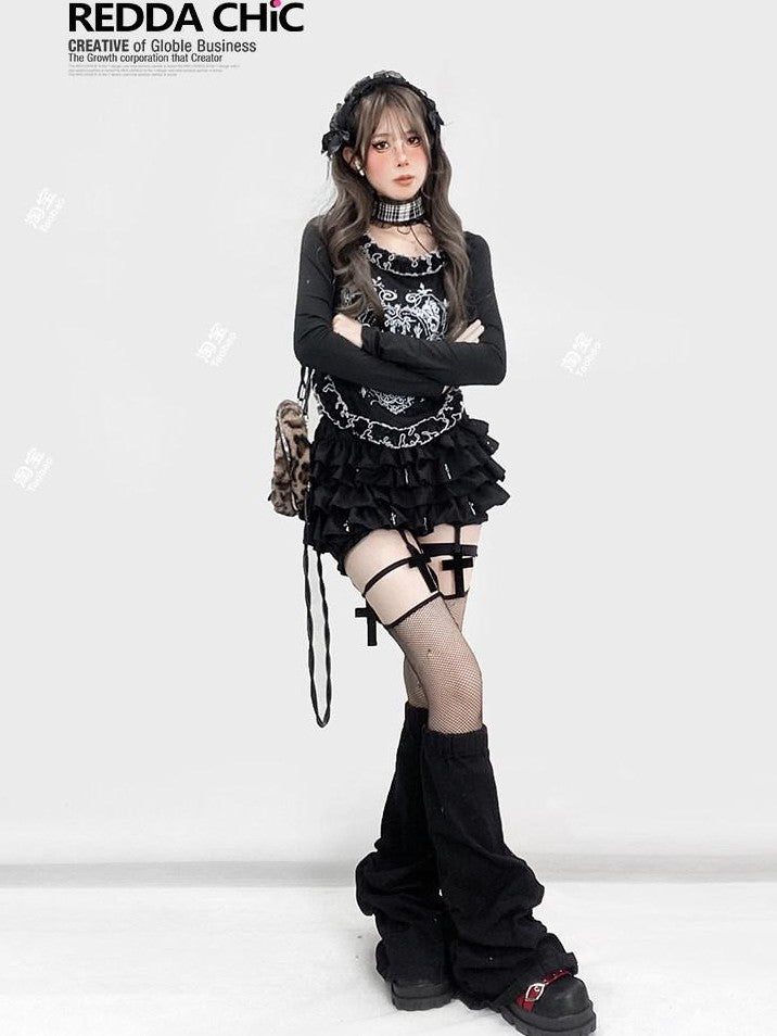 REDDACHIC Black Gothic Cross Pleated Cake Puff Women'S Other Material Short Trousers