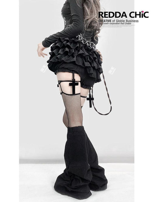 REDDACHIC Black Gothic Cross Pleated Cake Puff Women'S Other Material Short Trousers