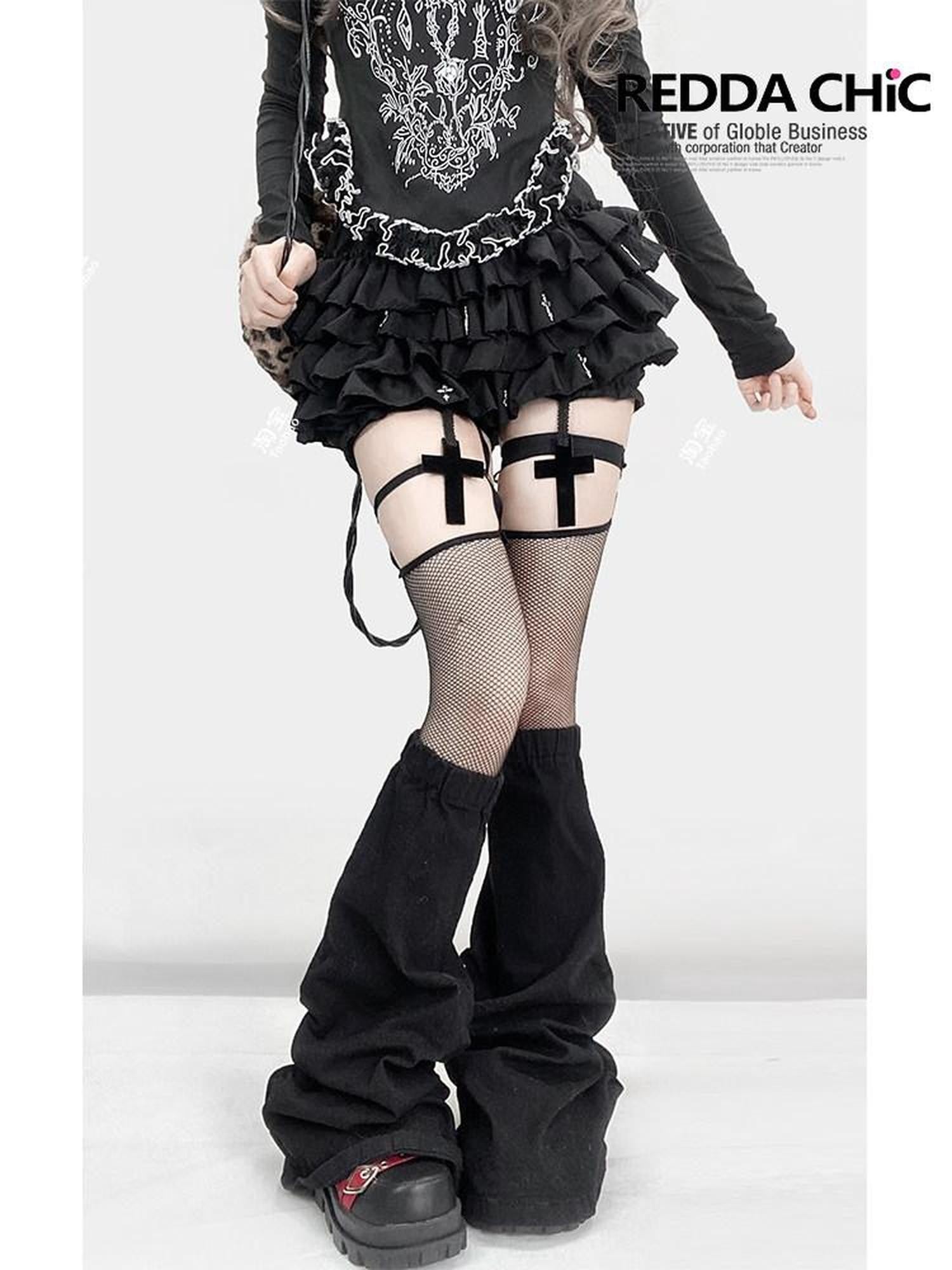 REDDACHIC Black Gothic Cross Pleated Cake Puff Women'S Other Material Short Trousers