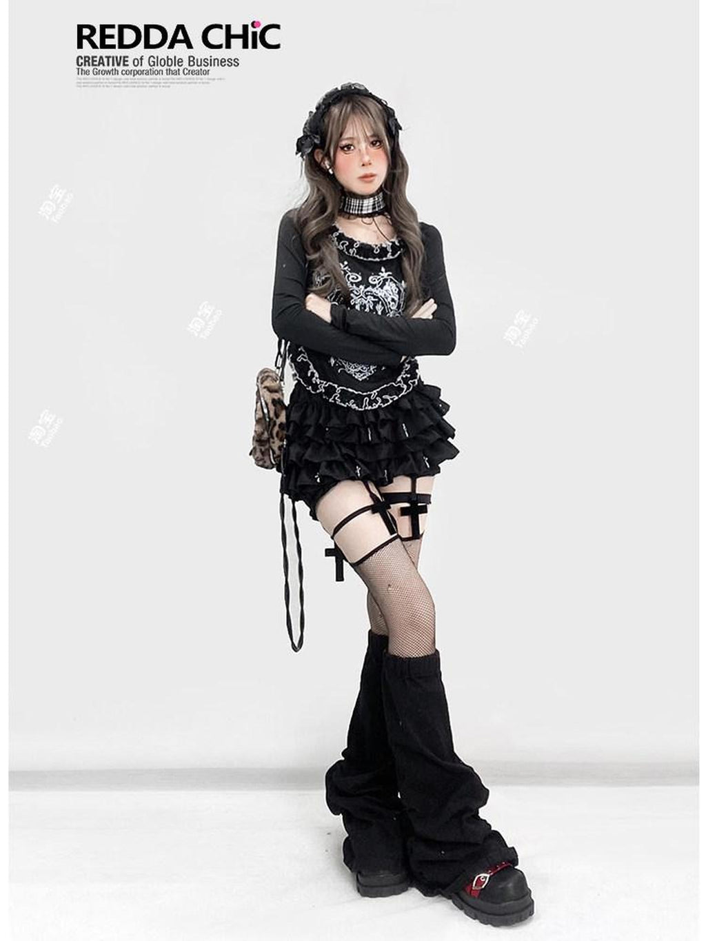 REDDACHIC Black Gothic Cross Pleated Cake Puff Women'S Other Material Short Trousers