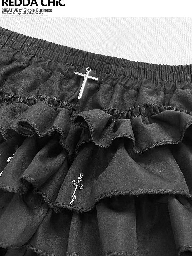 REDDACHIC Black Gothic Cross Pleated Cake Puff Women'S Other Material Short Trousers