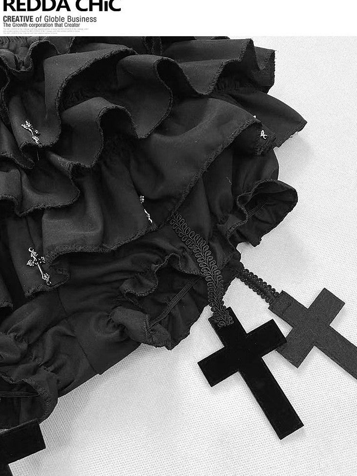REDDACHIC Black Gothic Cross Pleated Cake Puff Women'S Other Material Short Trousers