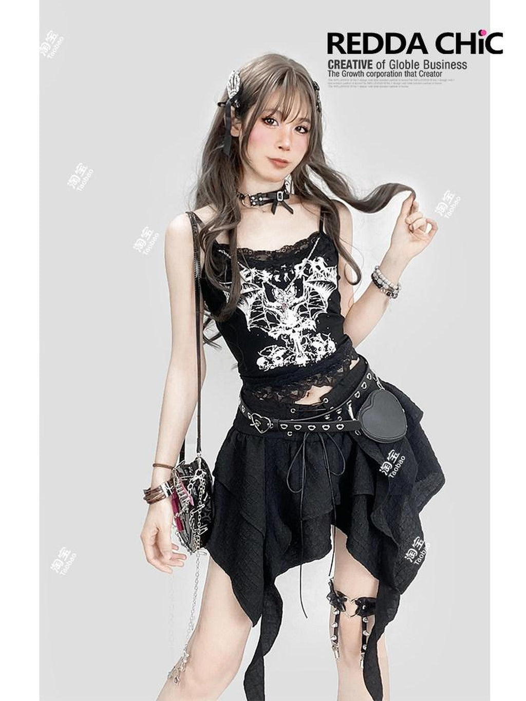 REDDACHIC Black Gothic Lace Letter Print Cropped Slim Fit Women'S Camisoles