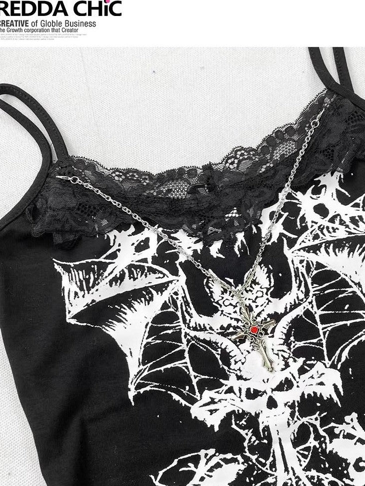 REDDACHIC Black Gothic Lace Letter Print Cropped Slim Fit Women'S Camisoles